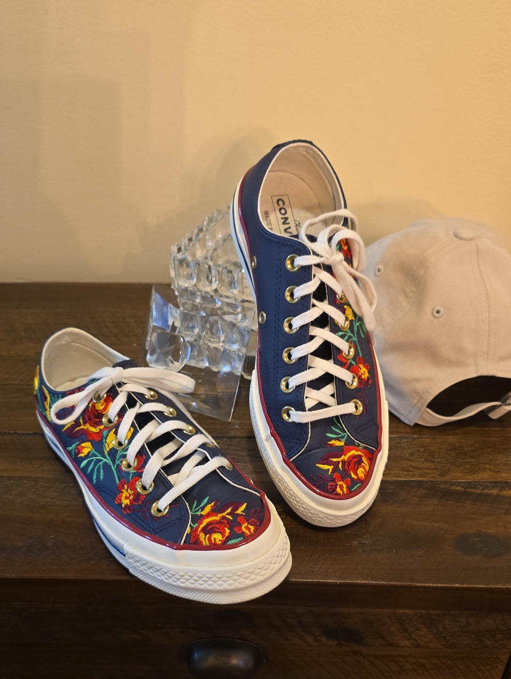 Converse Navy Floral Embroidered Low Top Leather Sneakers